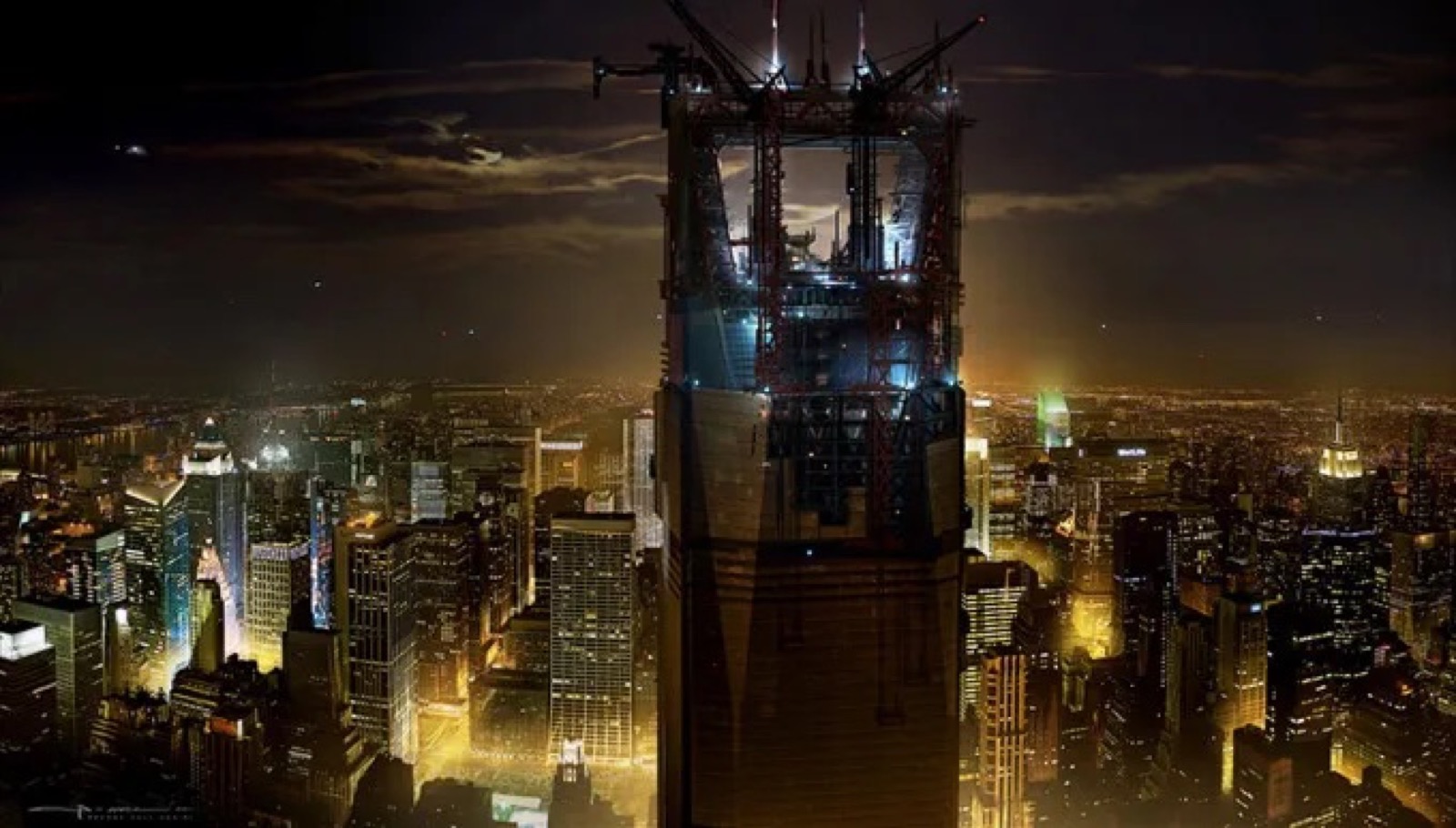 Oscorp tower at night with lit rooftop construction
