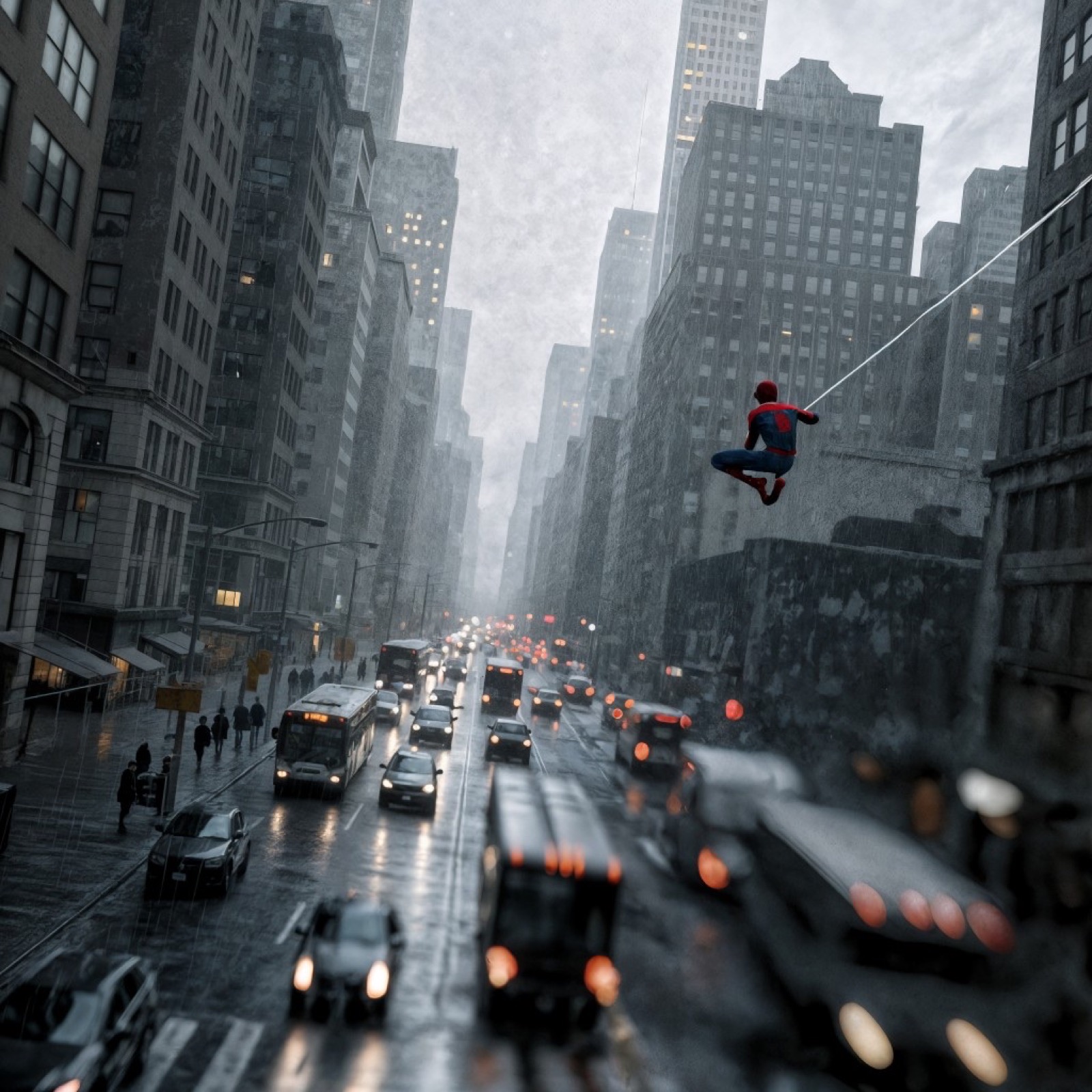 Spider-Man swinging above Midtown traffic