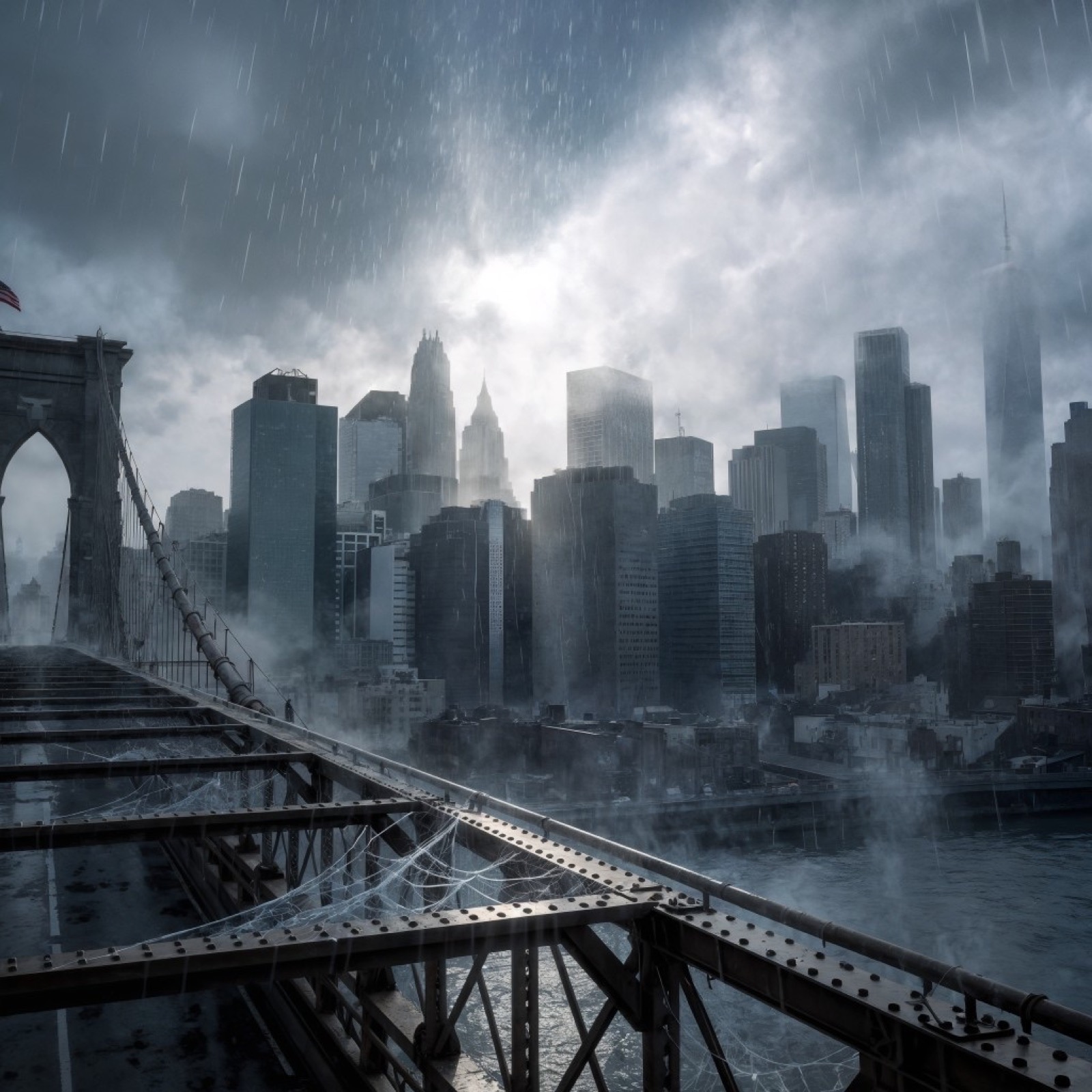 Rain-soaked New York skyline seen from a web-covered bridge